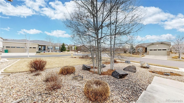 view of yard featuring a garage and a residential view