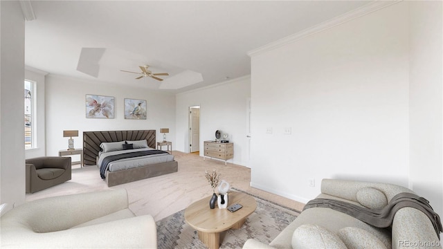 bedroom with baseboards, a ceiling fan, crown molding, and light colored carpet