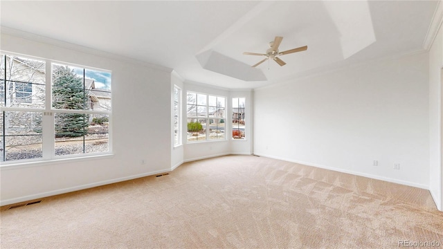 carpeted empty room with baseboards, a tray ceiling, and crown molding