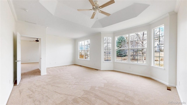 carpeted spare room with ornamental molding, a tray ceiling, and baseboards