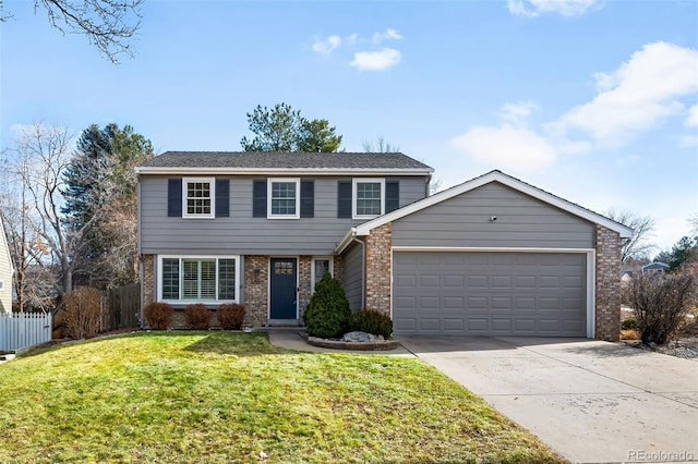 front facade featuring a garage and a front lawn