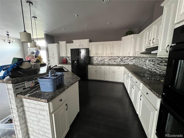 6100 Bluestem Unit 238, Frederick, CO 80530 - kitchen with black appliances, decorative backsplash, white cabinets, under cabinet range hood, and recessed lighting