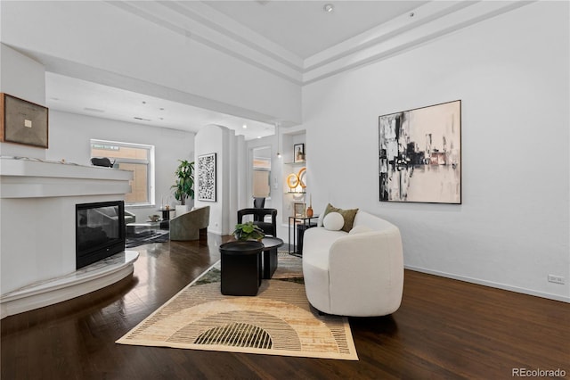 living area with a glass covered fireplace, baseboards, and wood finished floors