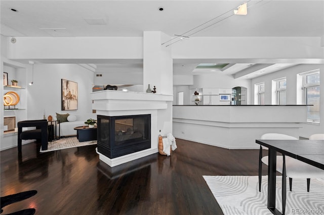 living area featuring wood finished floors and a multi sided fireplace
