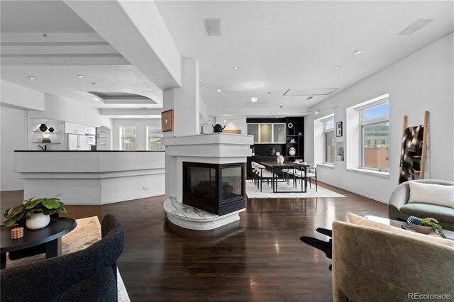 living area with visible vents, a multi sided fireplace, and wood finished floors