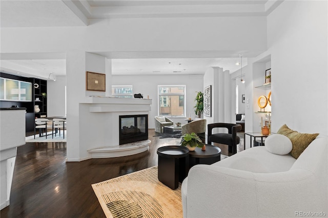 living area featuring baseboards, a multi sided fireplace, and wood finished floors