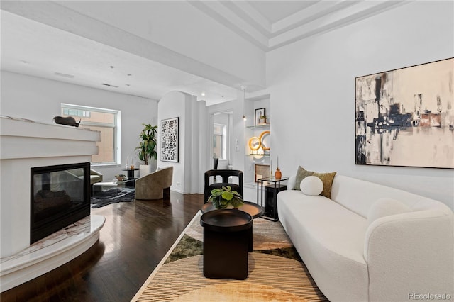 living room featuring a glass covered fireplace and wood finished floors