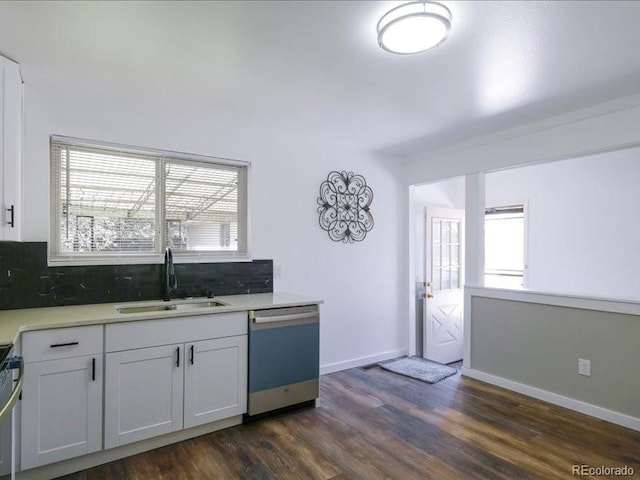 kitchen featuring decorative backsplash, dark wood-type flooring, a sink, and dishwasher