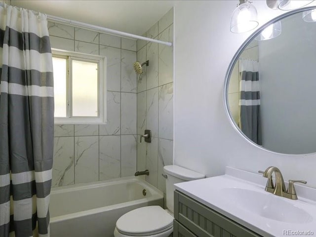 bathroom with toilet, shower / tub combo with curtain, and vanity