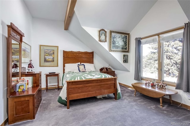 bedroom featuring vaulted ceiling with beams and dark colored carpet