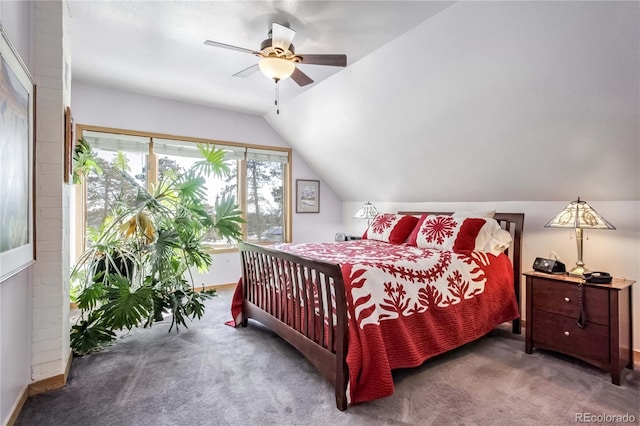 bedroom featuring ceiling fan, carpet flooring, and lofted ceiling