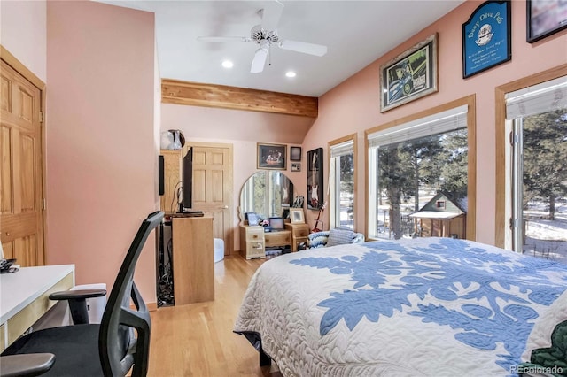 bedroom with ceiling fan, access to exterior, wood finished floors, beamed ceiling, and recessed lighting