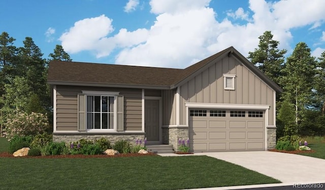 308 W Owen Ave, Keenesburg, CO 80643 - view of front of home with stone siding, board and batten siding, driveway, an attached garage, and a front lawn