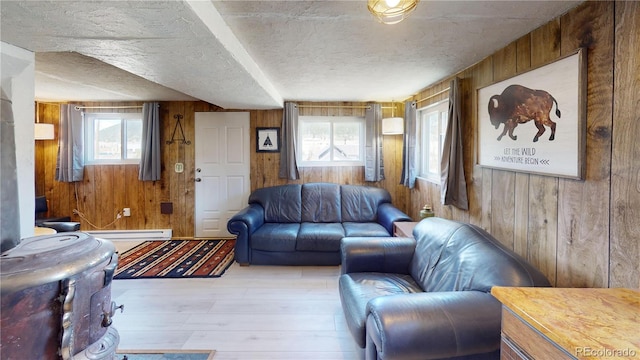 33 S Oak St, Alma, CO 80420 - living area featuring wood walls, a textured ceiling, light wood-style floors, plenty of natural light, and a baseboard radiator