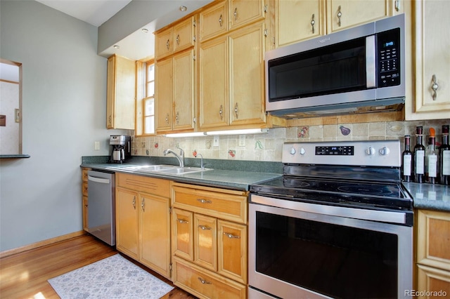 kitchen featuring decorative backsplash, light hardwood / wood-style floors, sink, and appliances with stainless steel finishes