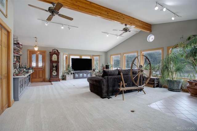 living room featuring ceiling fan, beam ceiling, light colored carpet, and high vaulted ceiling