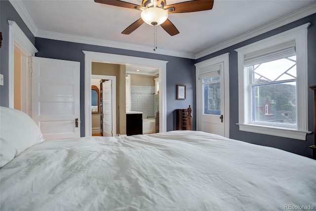 bedroom with connected bathroom, ceiling fan, and crown molding