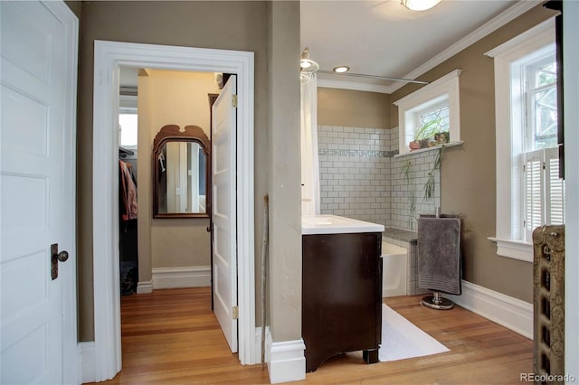 bathroom featuring vanity, ornamental molding, and hardwood / wood-style flooring