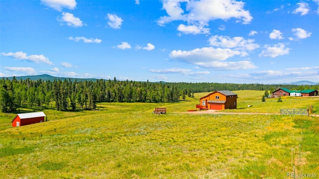 428 Ridge Dr, Divide, CO 80814 - view of green lawn featuring a view of rural / pastoral area, an outdoor structure, a mountain view, and a detached garage