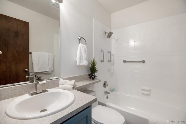 full bathroom featuring visible vents, toilet,  shower combination, and vanity