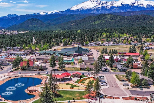 drone / aerial view featuring a forest view and a mountain view