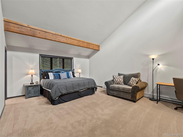 carpeted bedroom featuring lofted ceiling with beams, a baseboard heating unit, and baseboards