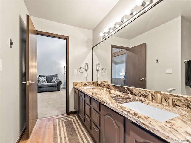 bathroom featuring wood finished floors, connected bathroom, a sink, and double vanity