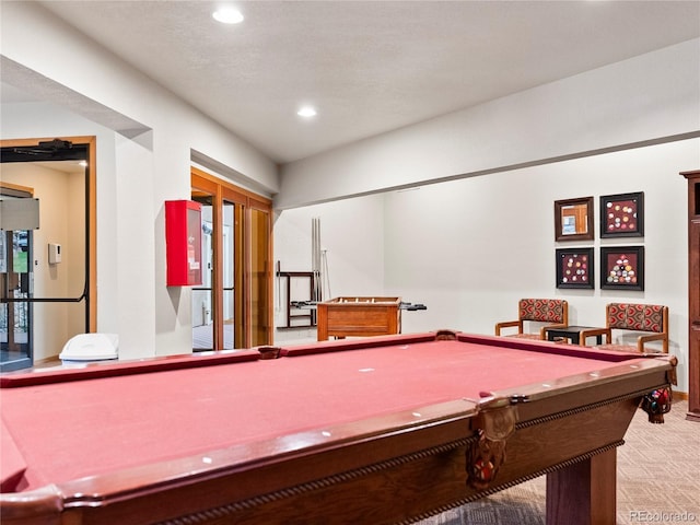 game room featuring pool table, carpet, and recessed lighting