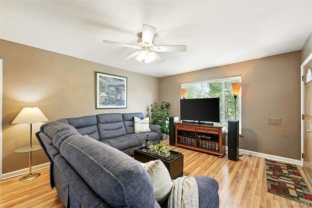 2461 Niagara St, Denver, CO 80207 - living room featuring ceiling fan and light wood finished floors
