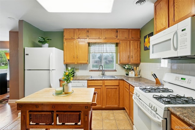 2461 Niagara St, Denver, CO 80207 - kitchen featuring white appliances, backsplash, wood counters, and brown cabinetry