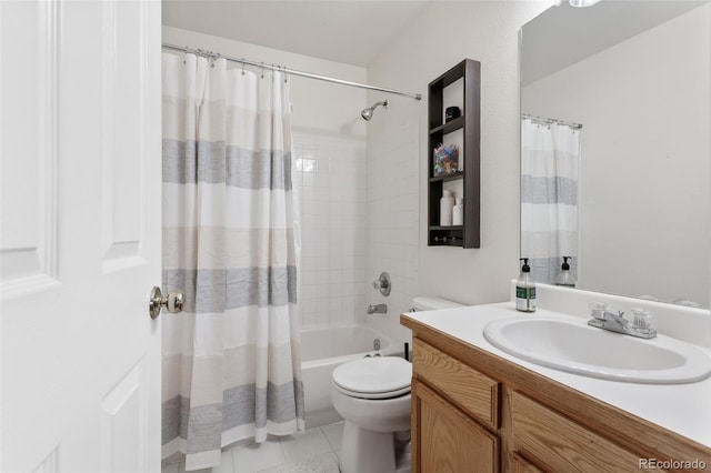 full bathroom with tile patterned flooring, shower / bath combination with curtain, vanity, and toilet