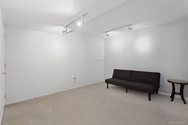 living area featuring track lighting and light colored carpet