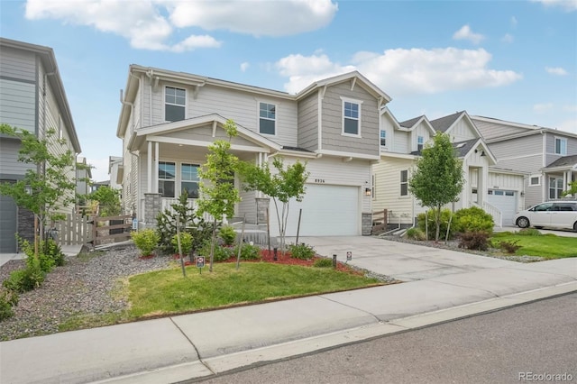 8926 Swan River St, Littleton, CO 80125 - view of front of home with a garage, concrete driveway, a residential view, a front yard, and a porch