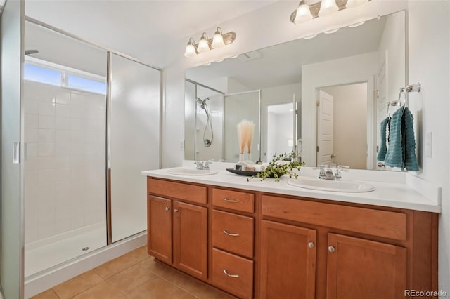 8926 Swan River St, Littleton, CO 80125 - full bath with tile patterned flooring, double vanity, and a shower stall