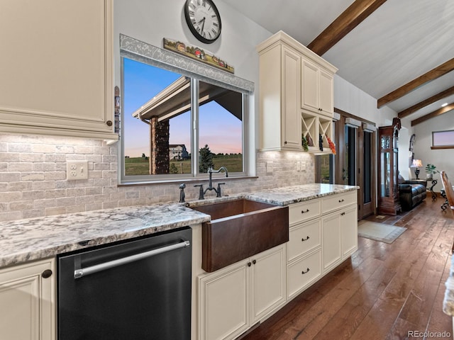 3124 Antelope Ridge Trl, Parker, CO 80138 - kitchen featuring dishwasher, backsplash, dark wood finished floors, and light stone countertops