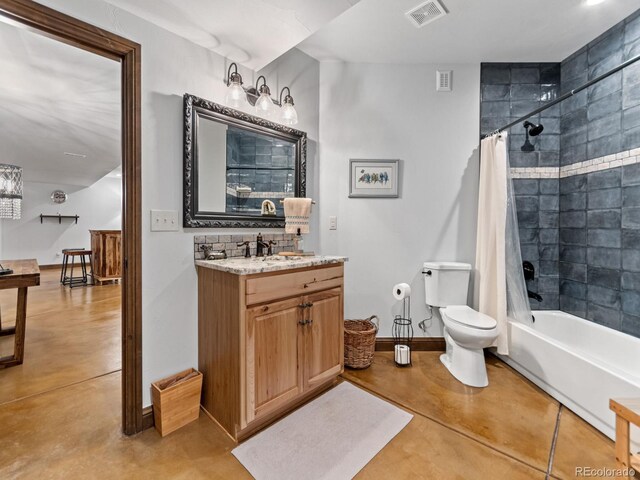 3124 Antelope Ridge Trl, Parker, CO 80138 - bathroom with finished concrete flooring, vanity, shower / tub combo, and tasteful backsplash