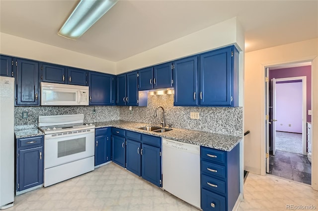 kitchen featuring blue cabinetry, sink, and white appliances