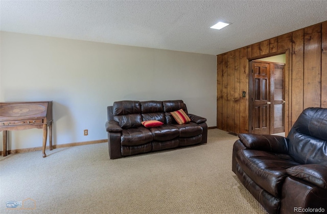 1813 Pikes Peak St, Erie, CO 80516 - carpeted living room with wood walls and a textured ceiling
