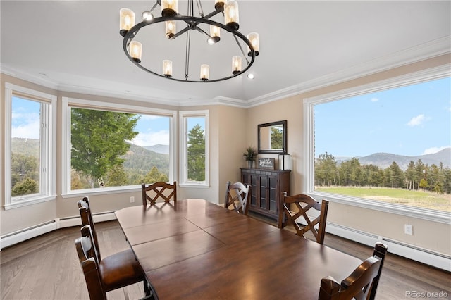 dining room featuring a baseboard heating unit, hardwood / wood-style flooring, ornamental molding, a chandelier, and a mountain view