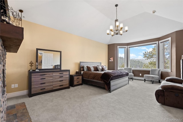 bedroom featuring lofted ceiling, a chandelier, and carpet flooring