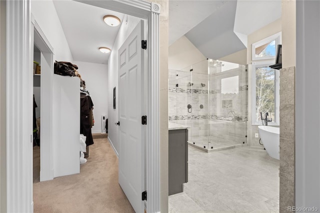 bathroom with vanity and independent shower and bath