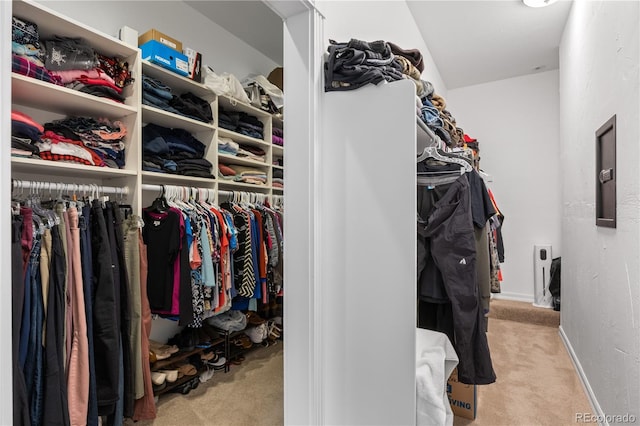 walk in closet featuring light carpet