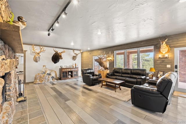 living room with wood-type flooring, a stone fireplace, and rail lighting