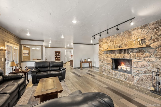 living room with light wood-type flooring, a stone fireplace, ornamental molding, and rail lighting