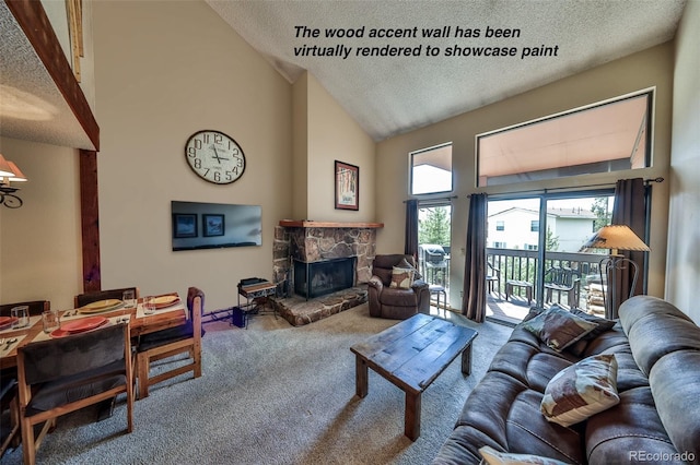 56 Gcr 834 Unit 2F, Fraser, CO 80442 - living area with carpet floors, a textured ceiling, a fireplace, and high vaulted ceiling