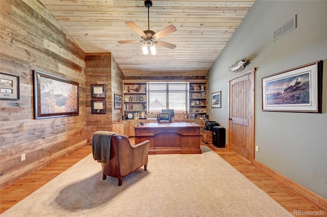 home office featuring vaulted ceiling, built in features, wooden walls, ceiling fan, and wooden ceiling