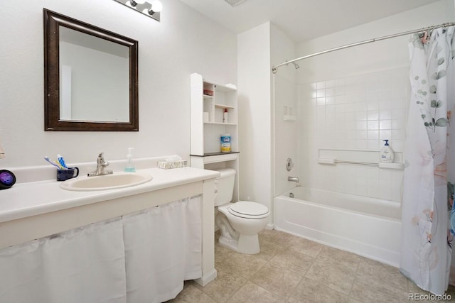 full bathroom featuring shower / bath combination with curtain, toilet, and vanity