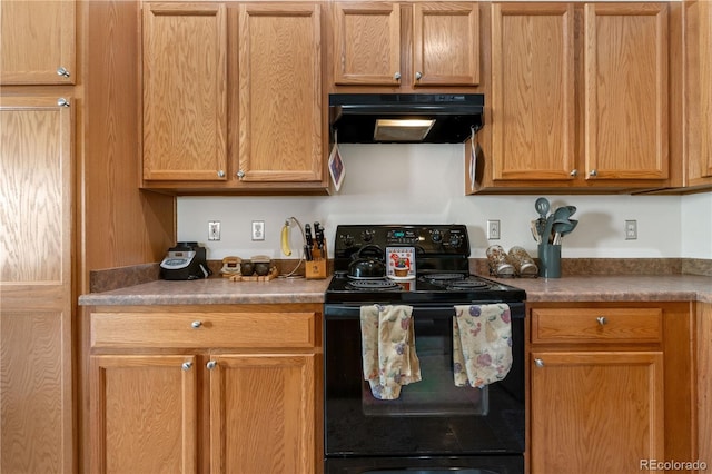 kitchen with black range with electric stovetop and range hood