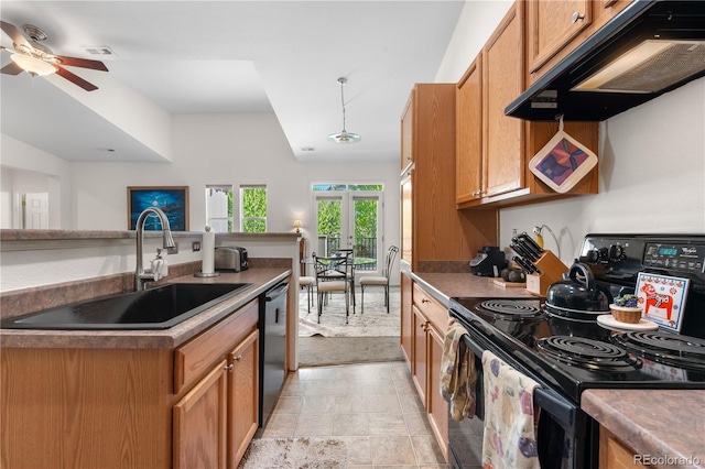 kitchen with black range with electric cooktop, under cabinet range hood, a sink, dishwasher, and brown cabinetry