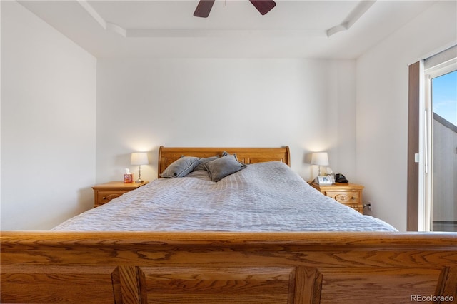bedroom featuring a tray ceiling and ceiling fan